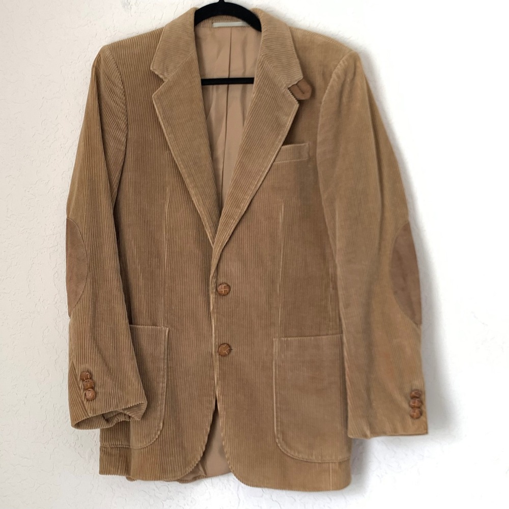Egon Von Furstenberg Corduroy Blazer Mens 36R Tan Elbow Patch Dark Academia Ivy
